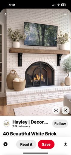 a white brick fireplace with the words hayley i decor, 40 beautiful white brick