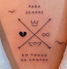 a tattoo on the back of a woman's arm that reads para sempre em todos os cantoss