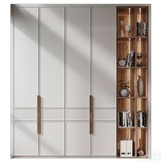 an open bookcase with many books on it in front of a white wall and floor