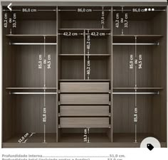 an image of a closet with measurements for the drawers and shelves in it's width