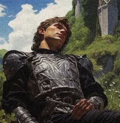 a painting of a man in armor sitting on the ground with a castle in the background