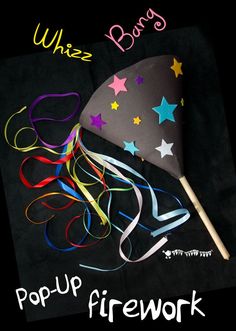 a black background with the words pop - up firework written in white and colorful streamers