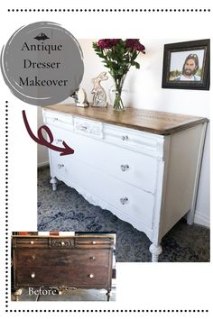 antique dresser makeover with white paint and wood top