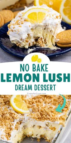 no bake lemon lush dream dessert on a blue plate with the title overlay