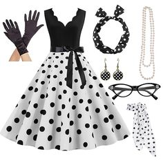 Women's A-Line Rockabilly Dress Polka Dots Swing Dress Flare Dress with Accessories Set 1950s 60s Retro Vintage with Headband Chiffon Scarf Earrings Cat Eye Glasses Pearl Necklace Gloves 7PCS 2023 - US $25.99 50 And 60s Outfits, 50’s Costumes, Retro Polka Dots Outfit, 1950s Outfits Women, 50s Outfits For Women, Flare Dress Styles, 1950s Dress To Impress, Retro Glamour Dress To Impress, Vintage 50s Fashion