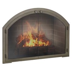 an arched fireplace door with fire flames in the front and side panels on both sides