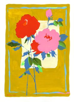 a painting of flowers in a vase on a yellow background