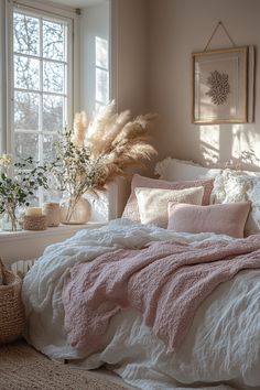 a bed with pink and white comforters in front of a window filled with potted plants