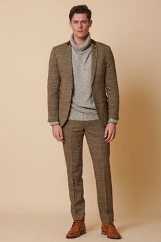 DX7 - Tan Tweed Check Two Piece Suit Timeless Tweed Jacket With Welt Pockets, Fall Tailored Tweed Jacket, Tailored Timeless Tweed Jacket, Timeless Tweed Jacket For Fall, Timeless Fall Tweed Jacket, Timeless Brown Tweed Jacket For Tailoring, Brown Tweed Jacket For Work, Brown Tweed Workwear Jacket, Brown Tweed Jacket For Formal Occasions