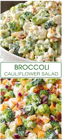 broccoli cauliflower salad in a white bowl with the title above it