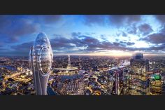 an aerial view of london at night with the shardle building in the foreground