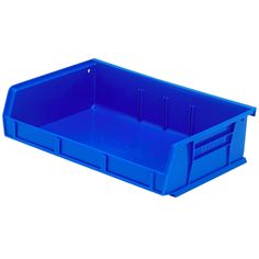 a blue plastic storage container on a white background