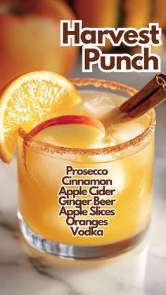 Harvest Punch Fall Cocktails Vodka, Apple Cider Prosecco, Apple Cider Drinks Alcohol, Fall Mixed Drinks, Harvest Punch, Fall Punch Recipes, Prosecco Drinks, Ginger Beer Cocktail, Bartender Drinks Recipes