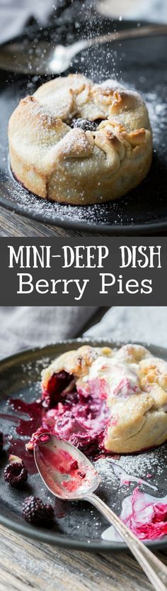 a pie on a plate with berries and powdered sugar sprinkled over it