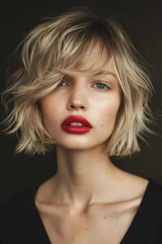 Woman with tousled short blonde hair and striking red lipstick gazes softly at the camera, set against a dark background.