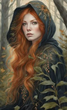 a painting of a woman with long red hair wearing a hoodie in the woods