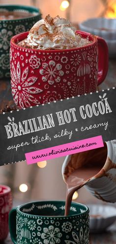 there is a hot cocoa drink being poured into two mugs with the words brazilian hot cocoa on it