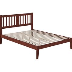 a wooden bed frame with slats on the top and bottom sides, viewed from the side