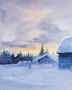 a watercolor painting of a snowy landscape with a barn and pine trees in the background