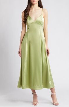 Glossy satin provides a graceful drape to this party-ready dress rendered in a fresh and verdant hue. 41" center front length (size Medium) Sweetheart neck Spaghetti straps 98% polyester, 2% elastane Dry clean Imported Spring Cocktail Dress, Light Green Dress, Green Silk Dresses, Sage Dress, Birthday Fits, Guest Attire, Wedding Attire Guest, Sweetheart Neck, Satin Dress