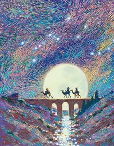 three people riding horses across a bridge under a night sky with stars and moon in the background