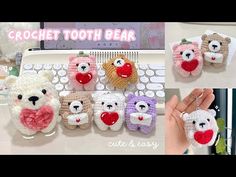 crochet tooth brush holder with teddy bear and heart on it's side