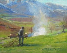 a painting of a man standing in a field with a fire hydrant and mountains in the background