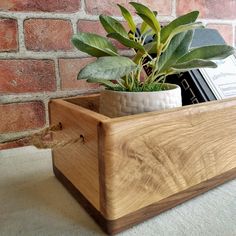 a potted plant in a wooden box on a table next to a brick wall