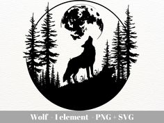 a wolf howling at the moon with trees in the background and text wolf element png svg