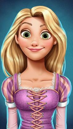 a cartoon girl with blonde hair wearing a purple dress and laces on her chest