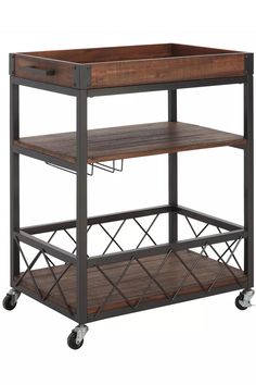 a wooden and metal cart with two shelves