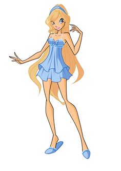 a cartoon girl with long blonde hair in a blue dress and tennis shoes is posing for the camera