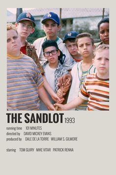 the sandlot movie poster with many children in front of them and one man holding his hand