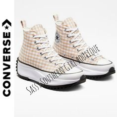 New Converse Tan And White Gingham Check Chunky High Tops. Sold Out Online Women's 9 New To Poshmark? Use Promo Code Smartgirlsummer To Get $10 Off When You Sign Up Closet Details Please Read No Low-Ball Offers Shipping 1-4 Days No Exchanges Per Posh Boho Western Hippie Coastal Farmhouse French Vintage Victorian Y2k Pearlcore Anthropologie Beach Professional Madwell Lace Christmas Barbie Whbm 90's Travel Tie Dye Yellowstone Office Holiday Resort Summer Nordstrom New Years Luxury Shabby Chic Aest Converse One Star White, Classy Easter, Preppy Cruise, Tropical Preppy, Shabby Chic Aesthetic, Black Chuck Taylors, Laceless Sneakers, Black Chucks, Converse Shoes Womens