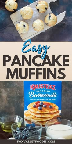 blueberry muffins are stacked on top of each other and the title says easy pancake muffins