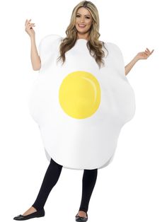 a woman in a fried egg costume poses for the camera while holding her arms out