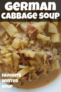 german cabbage soup in a white bowl with text overlay