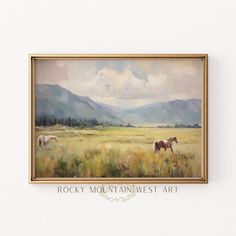 a painting of horses in a field with mountains in the background and rocky mountain west art written below