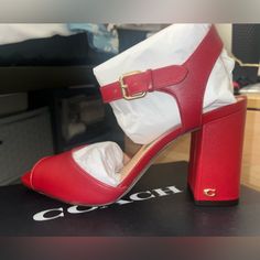 Coach Red Leather Open Toe Heels. Brand New, Never Used Out And Comes With Original Packaging Open Toe Heels, Red Heels, Shoes Brand, Coach Shoes, Shoe Brands, Red Leather, Shoes Women Heels, Open Toe, Shoes Heels