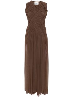 sepia brown recycled polyester blend stretch-design mesh design semi-sheer construction pull-on style crew neck front interwoven design gathered detailing sleeveless fitted waistline flared skirt side slit detachable slip dress straight hem ankle-length Soirée Dresses, Brown Cocktail Dress, Midi Dress Brown, Brown Cocktail, Brown Dresses, Hijabi Fashion Casual, Organza Dress, Upcycled Materials, Hijabi Fashion