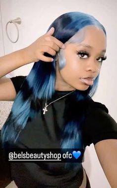 Blue Roots Black Hair Wig, Black And Blue Hairstyles, Custom Hair Color, Rockstar Wig Hairstyles, Lola Shark Tale Wig, Half Rainbow Hair, Blue Hair Black Women, Blue Hair Outfit, Unique Wig Hairstyles