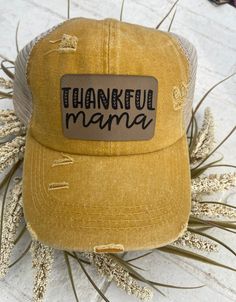 This is so cute for the fall season, or just in general! Distressed mustard yellow baseball cap with a criss cross pony tail back. Hat has a brown engraved patch permanently adhered. All hats ship safely in a brown box. Everyday Fall Baseball Cap, Trendy Fall Snapback Baseball Cap, Everyday Fall Baseball Cap With Curved Brim, Trendy Fall Baseball Cap, Casual Snapback Baseball Cap For Fall, Yellow Cotton Trucker Hat, Brown Fall Baseball Cap For Outdoor, Fall Outdoor Baseball Cap, Casual Trucker Hat For Fall