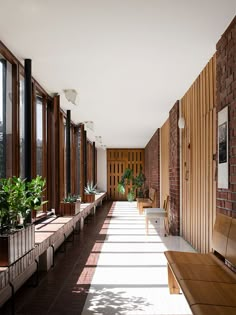 a long hallway with benches and plants lined up against the wall next to windows on both sides