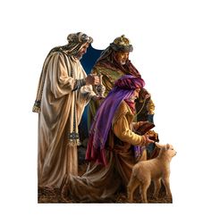 the nativity scene is depicted with two men and a dog