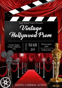 an event poster with red carpet and oscars on the stage in front of a red curtain