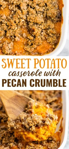 sweet potato casserole with pecan crumble in a white dish