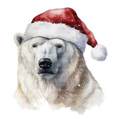 a polar bear wearing a santa hat in watercolor and ink on paper, with snow falling all around it