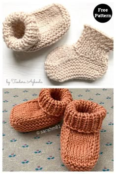 two knitted baby booties are shown with the same pattern as they appear in this photo