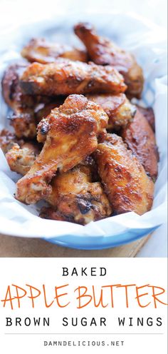 baked apple butter brown sugar wings in a blue bowl on a wooden table with text overlay