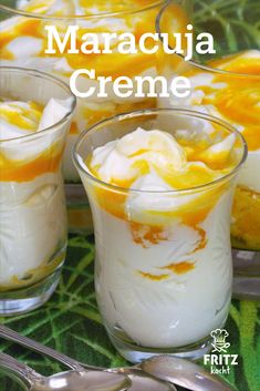 three desserts in small glass dishes on a table